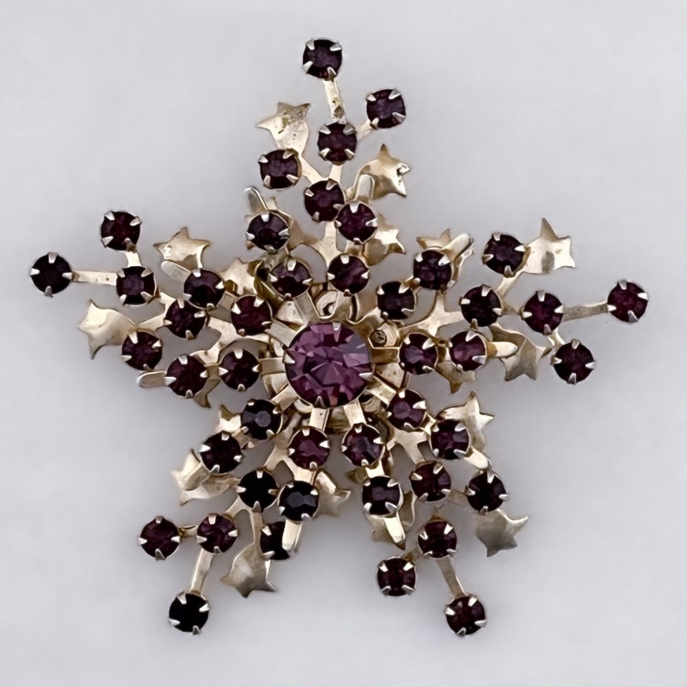 Vintage Atomic Star Snowflake Brooch Purple Rhinestone Mid Century Fashion